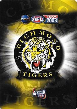 2003 Team Zone AFL Team #34 Ty Zantuck Back